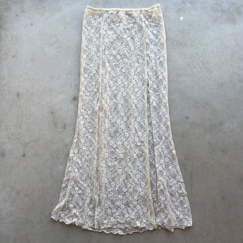 Vintage Sheer Floral Lace Maxi Skirt Cream High Slit Boho Romantic Lingerie